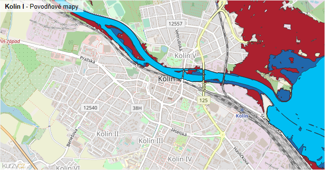 Kolín I - záplavové mapy stoleté vody