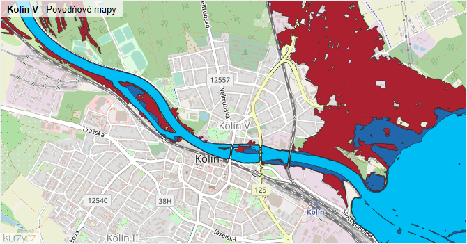 Kolín V - záplavové mapy stoleté vody