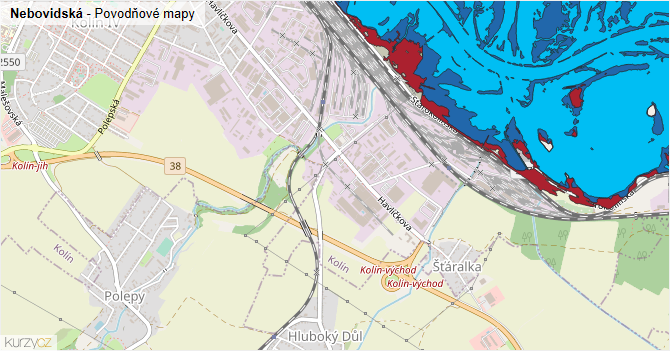 Nebovidská - záplavové mapy stoleté vody