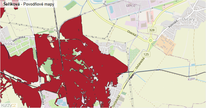 Šeříková - záplavové mapy stoleté vody