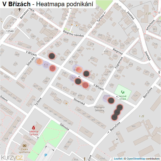 Mapa V Břízách - Firmy v ulici.