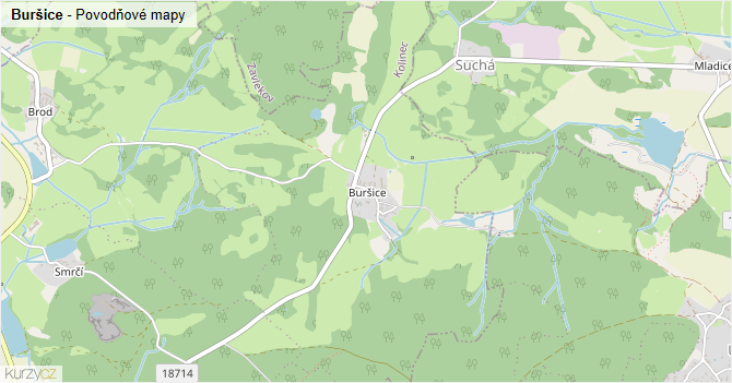 Buršice - záplavové mapy stoleté vody
