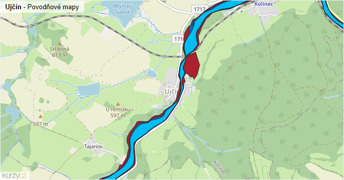 Ujčín - záplavové mapy stoleté vody