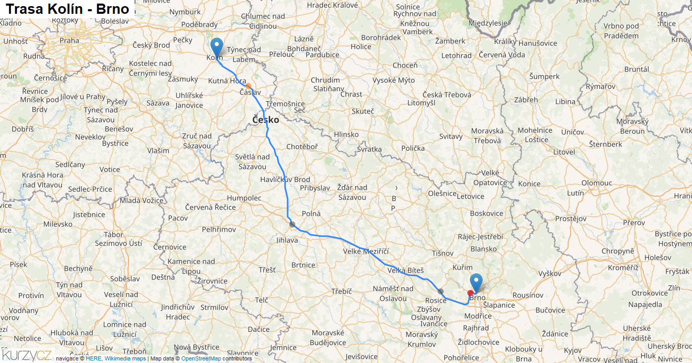 Kolín-Brno, mapa trasy