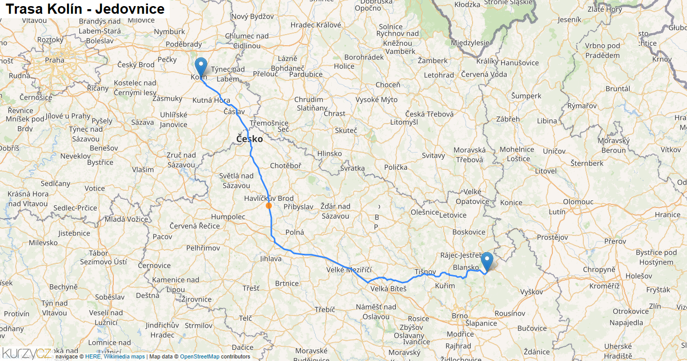 Kolín-Jedovnice, mapa trasy