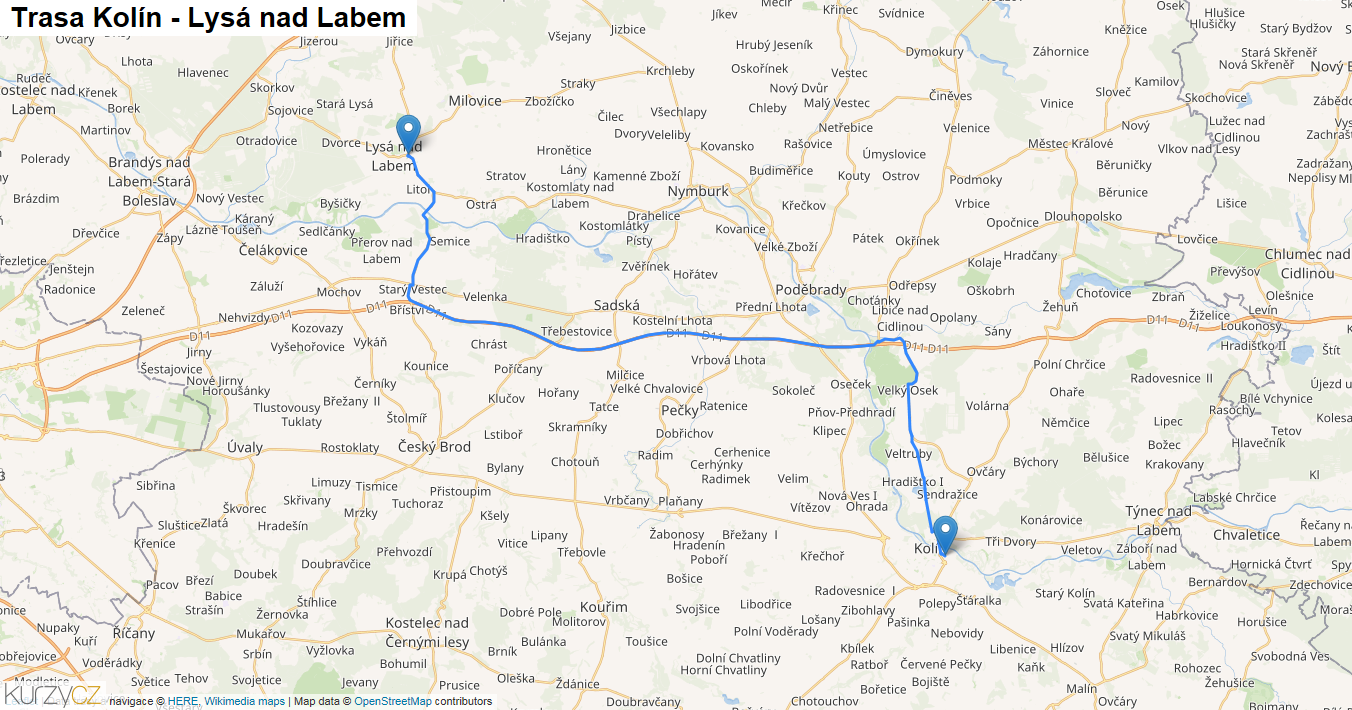 Kolín-Lysá nad Labem, mapa trasy