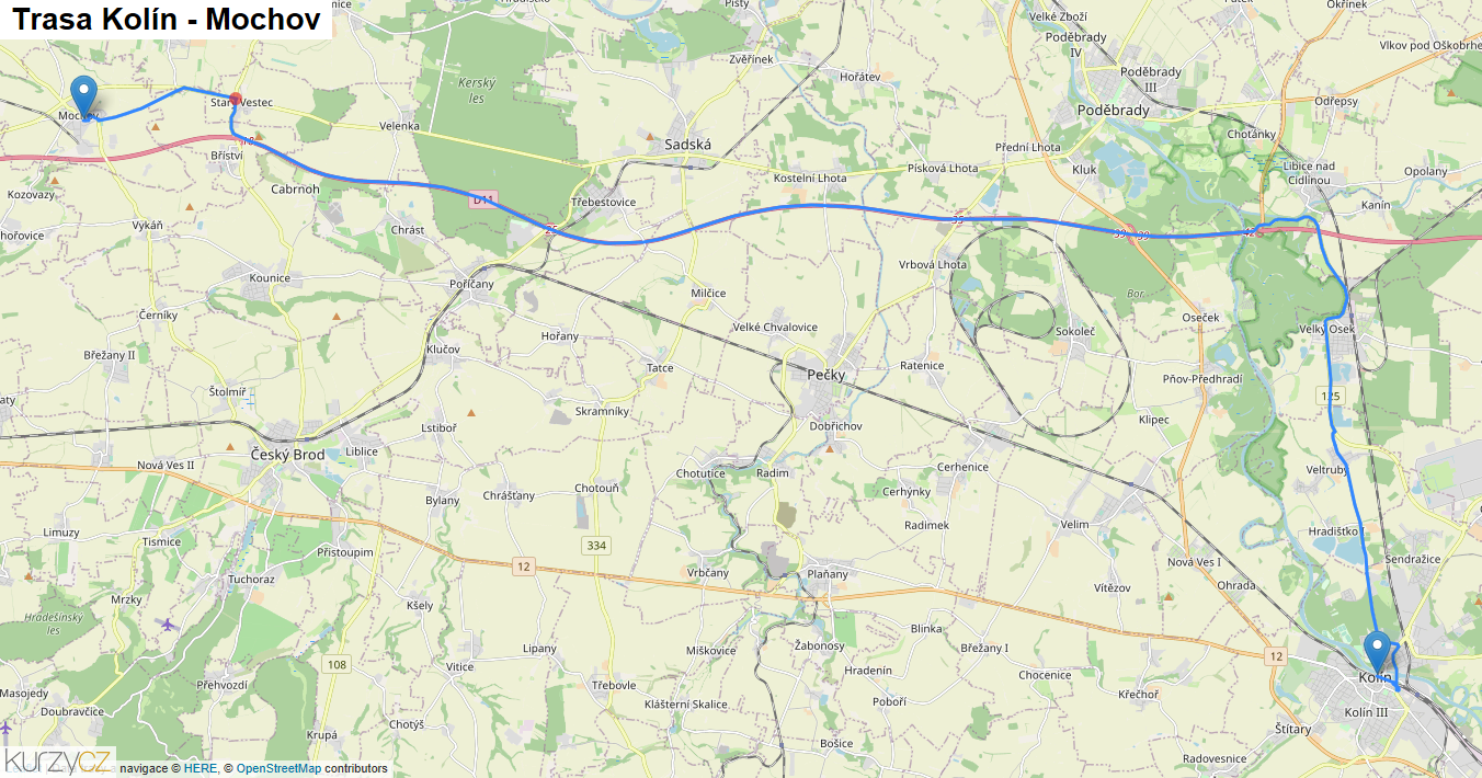 Kolín-Mochov, mapa trasy
