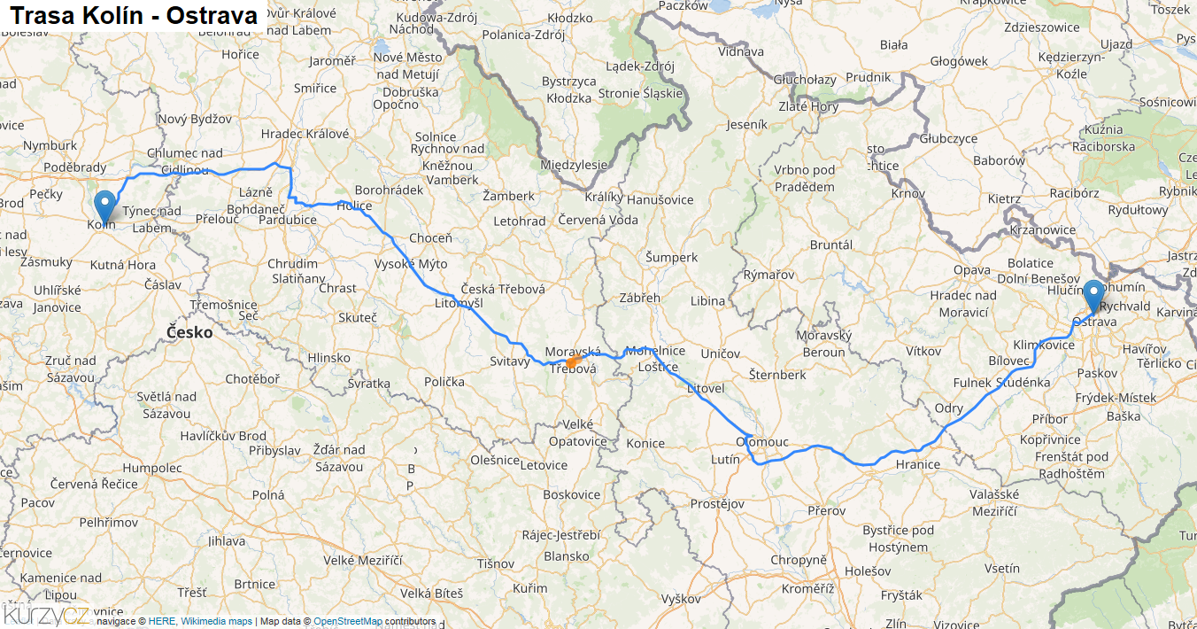 Kolín-Ostrava, mapa trasy