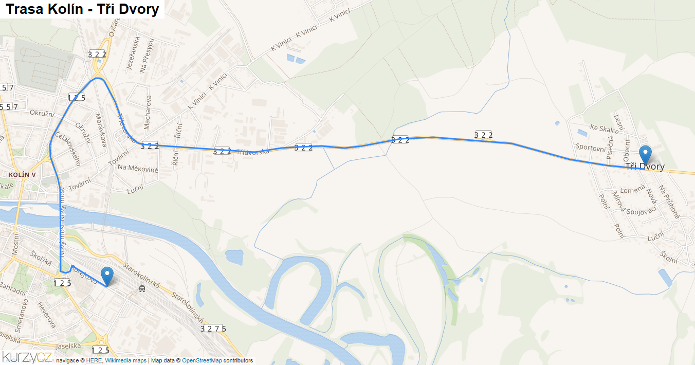 Kolín-Tři Dvory, mapa trasy