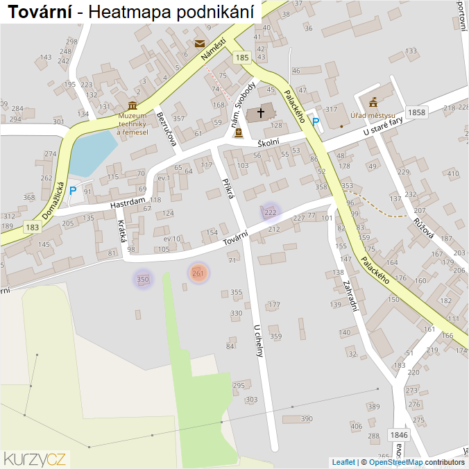 Mapa Tovární - Firmy v ulici.