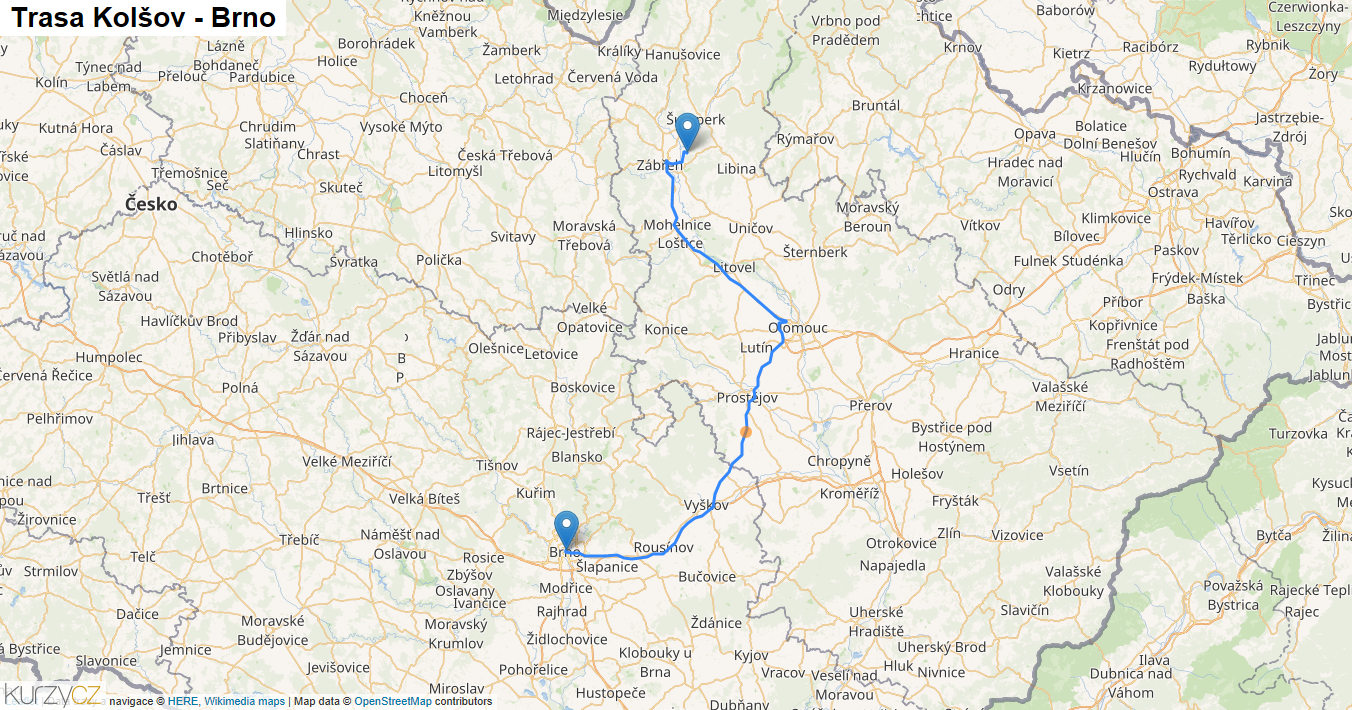 Kolšov-Brno, mapa trasy