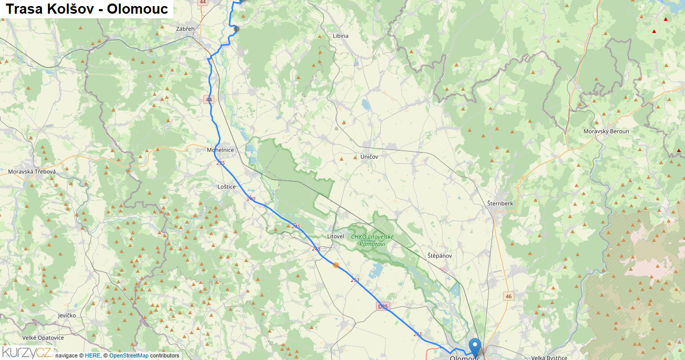 Kolšov-Olomouc, mapa trasy