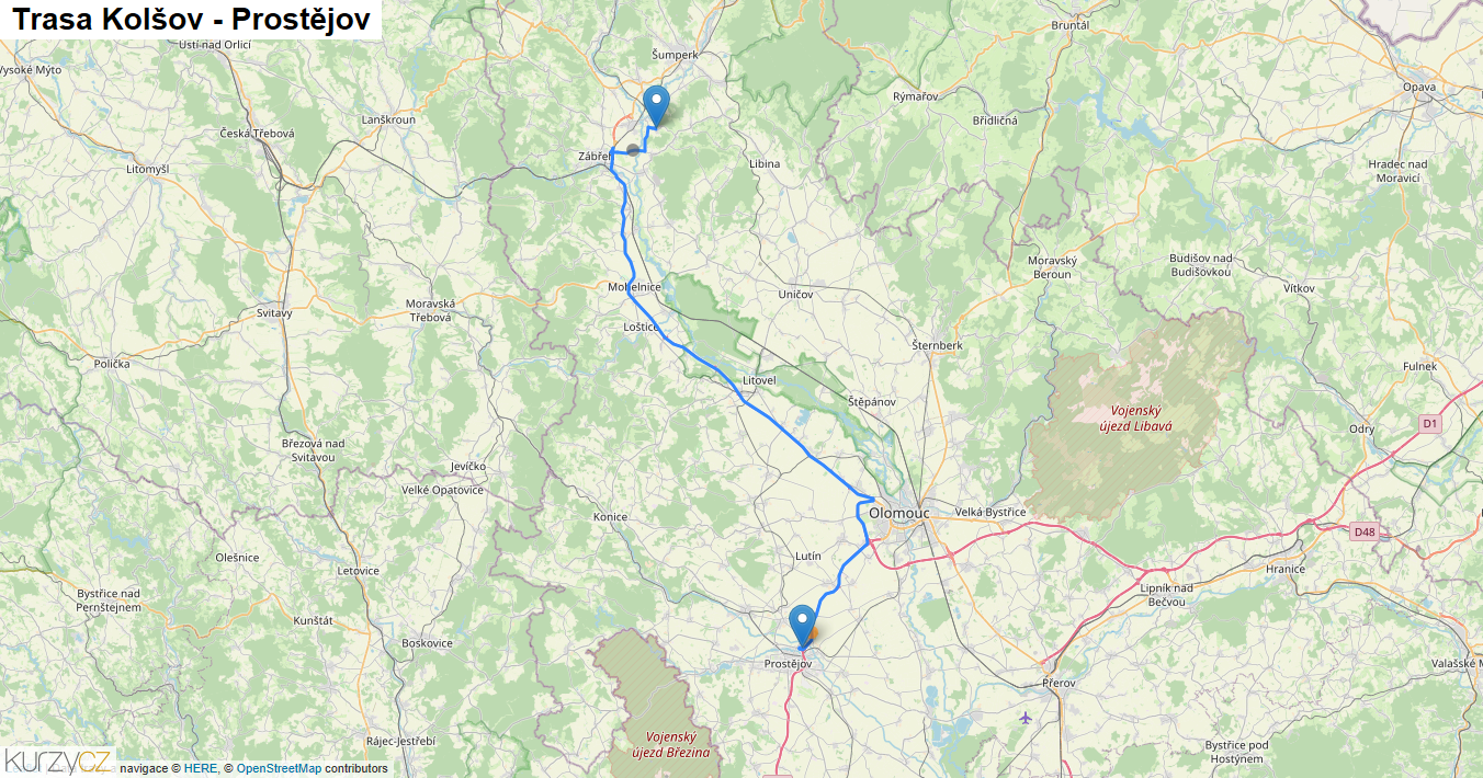 Kolšov-Prostějov, mapa trasy
