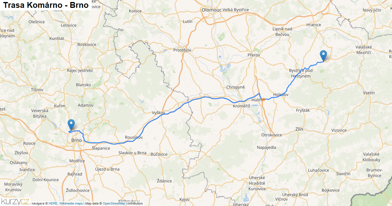 Komárno-Brno, mapa trasy