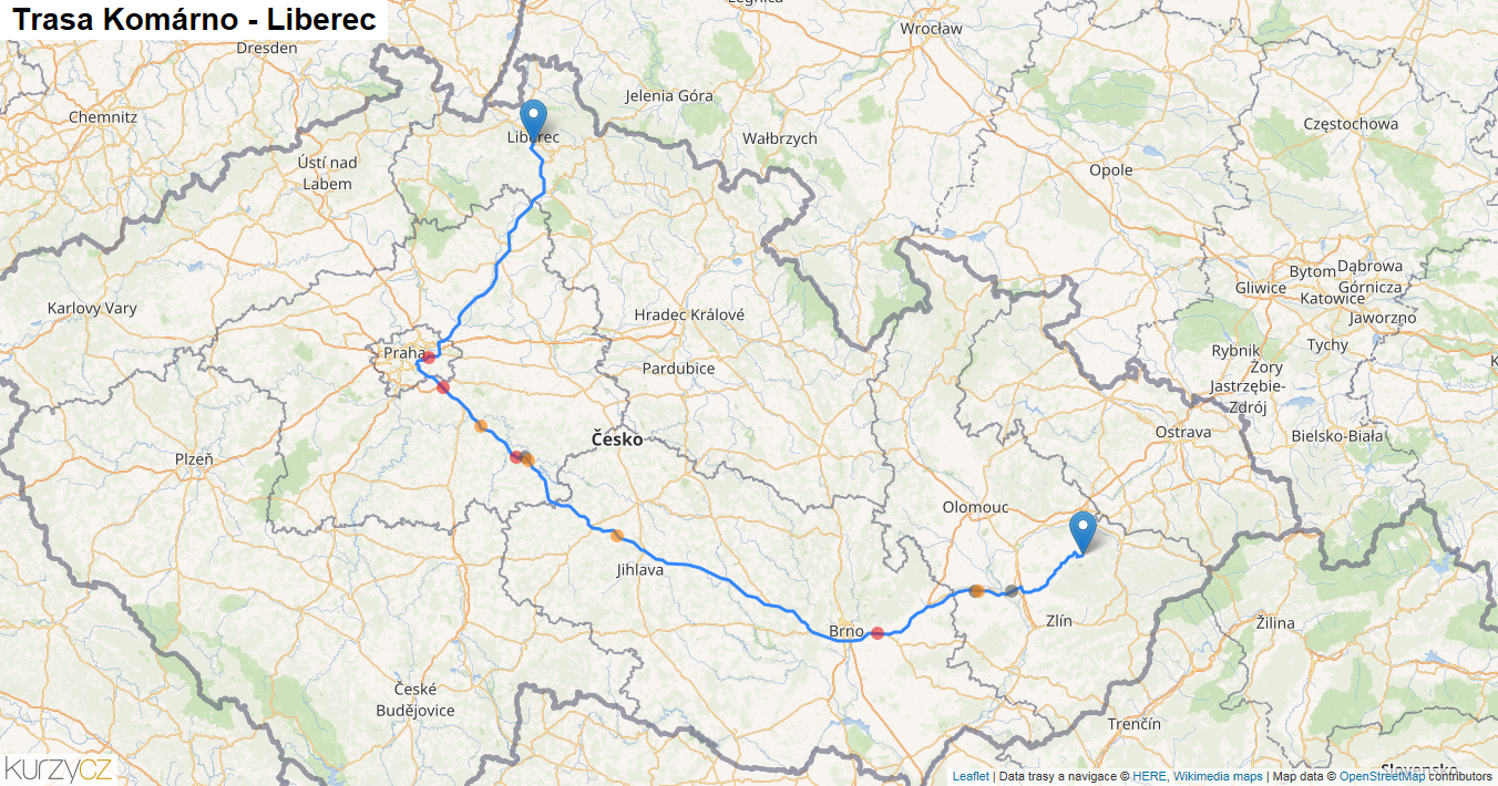 Komárno-Liberec, mapa trasy