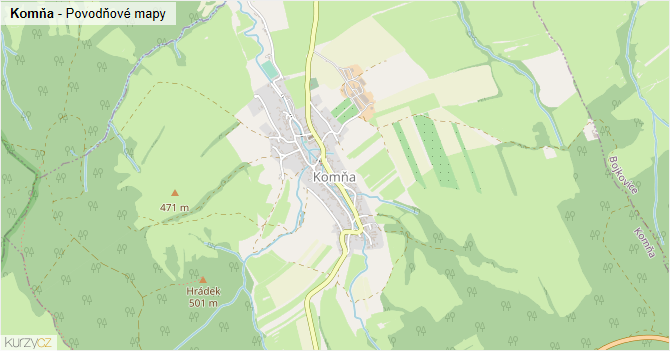 Komňa - záplavové mapy stoleté vody