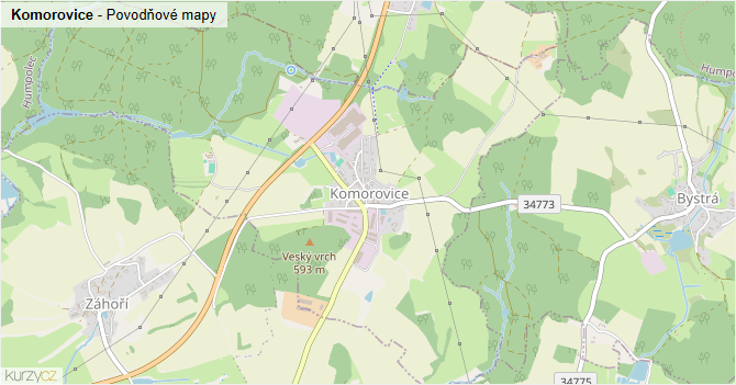 Komorovice - záplavové mapy stoleté vody