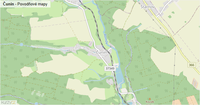 Čunín - záplavové mapy stoleté vody