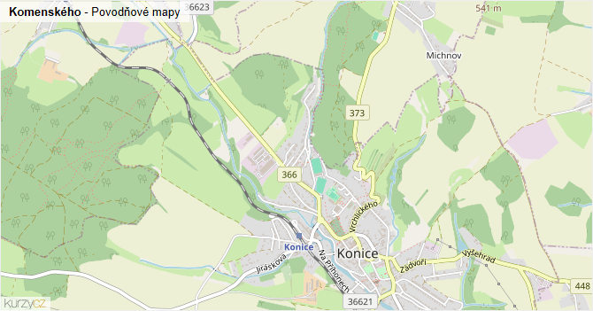 Komenského - záplavové mapy stoleté vody