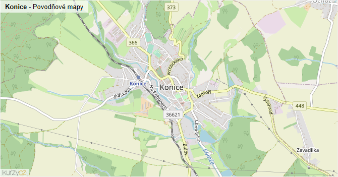Konice - záplavové mapy stoleté vody