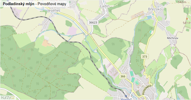 Podladínský mlýn - záplavové mapy stoleté vody