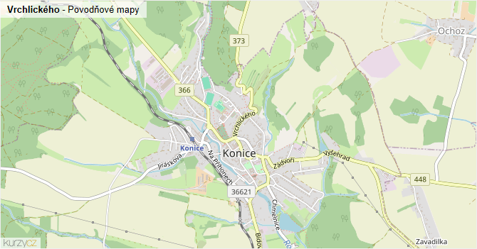 Vrchlického - záplavové mapy stoleté vody