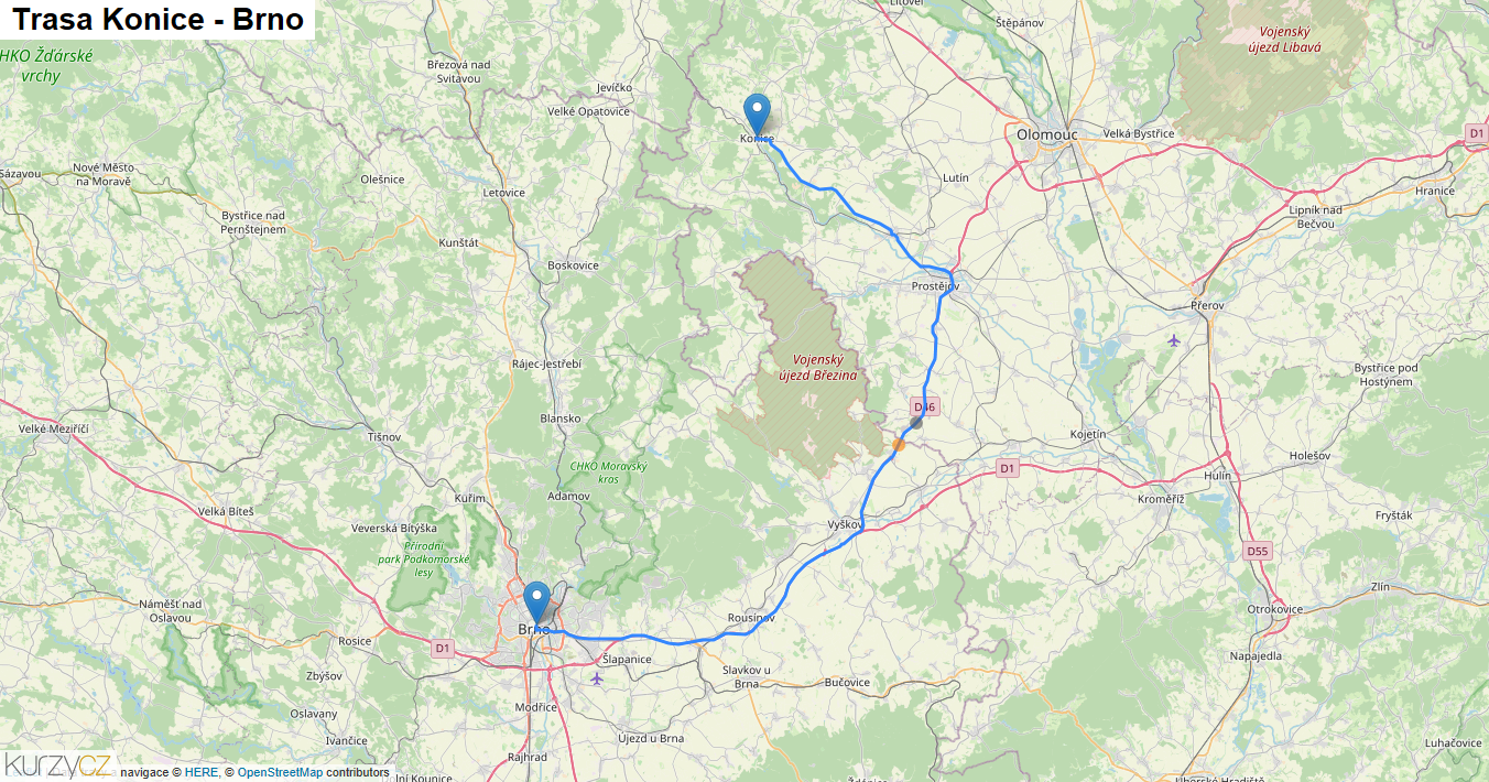 Konice-Brno, mapa trasy