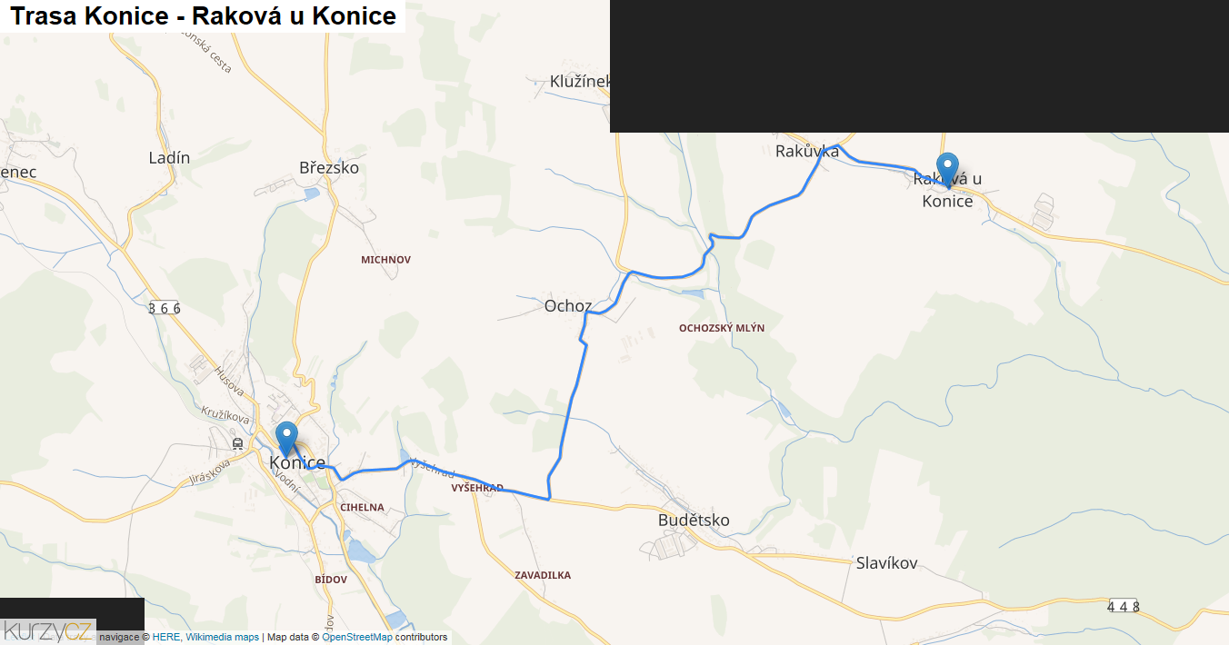 Konice-Raková u Konice, mapa trasy