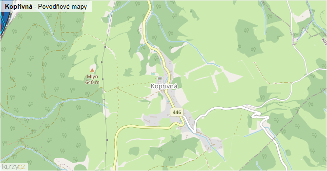 Kopřivná - záplavové mapy stoleté vody