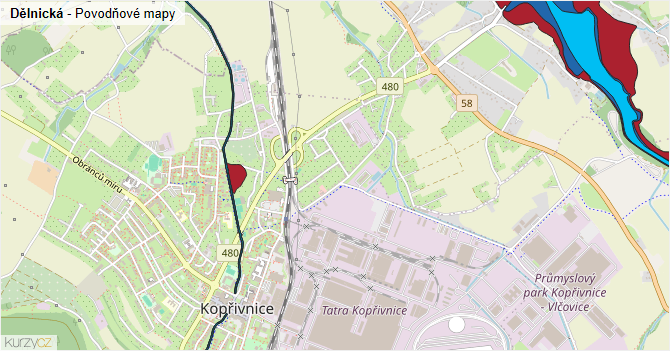 Dělnická - záplavové mapy stoleté vody
