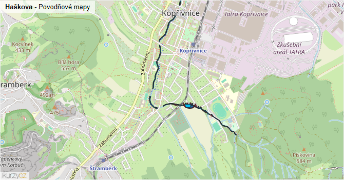 Haškova - záplavové mapy stoleté vody