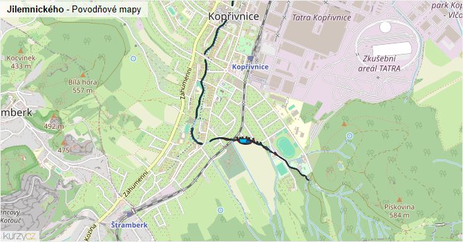 Jilemnického - záplavové mapy stoleté vody