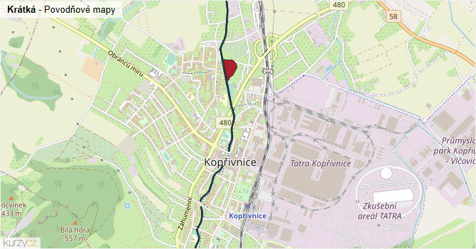Krátká - záplavové mapy stoleté vody