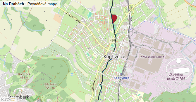 Na Drahách - záplavové mapy stoleté vody