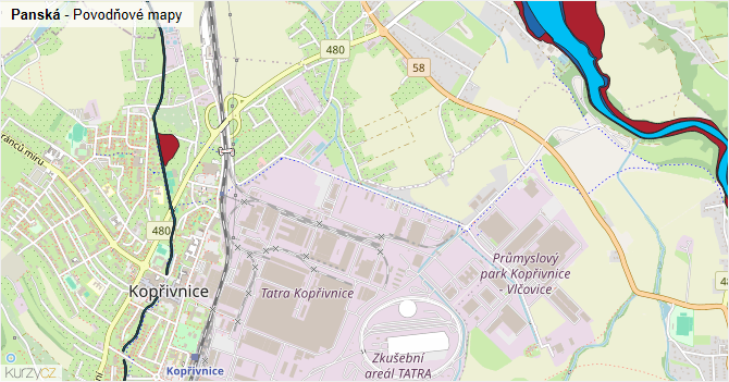 Panská - záplavové mapy stoleté vody