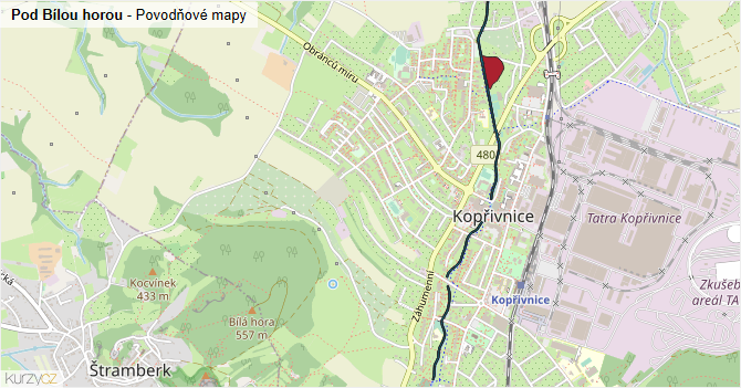 Pod Bílou horou - záplavové mapy stoleté vody