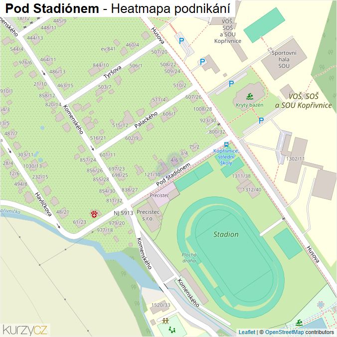 Mapa Pod Stadiónem - Firmy v ulici.
