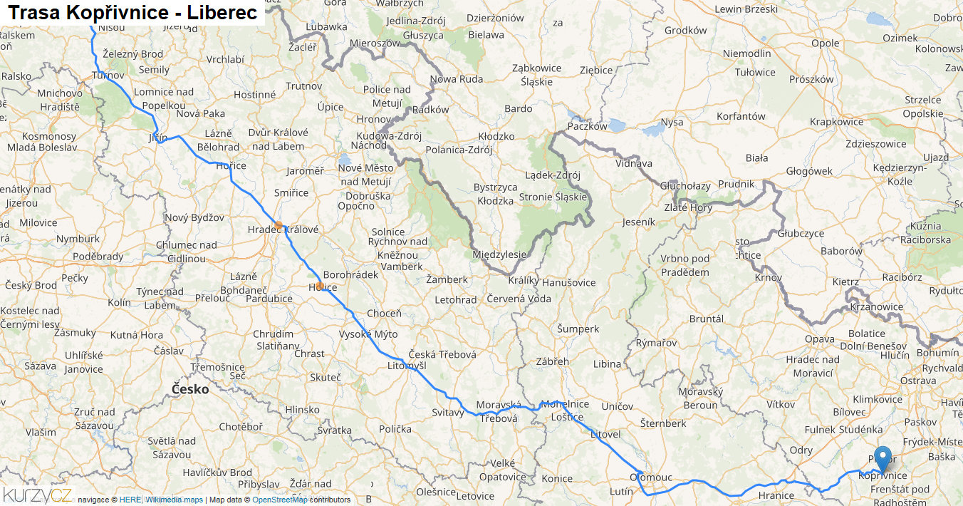 Kopřivnice-Liberec, mapa trasy