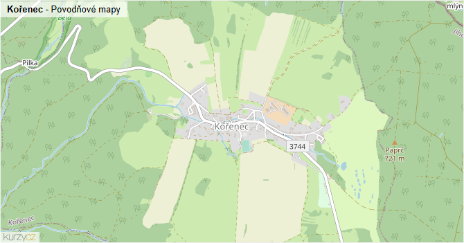 Kořenec - záplavové mapy stoleté vody