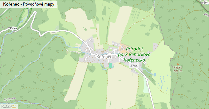 Kořenec - záplavové mapy stoleté vody