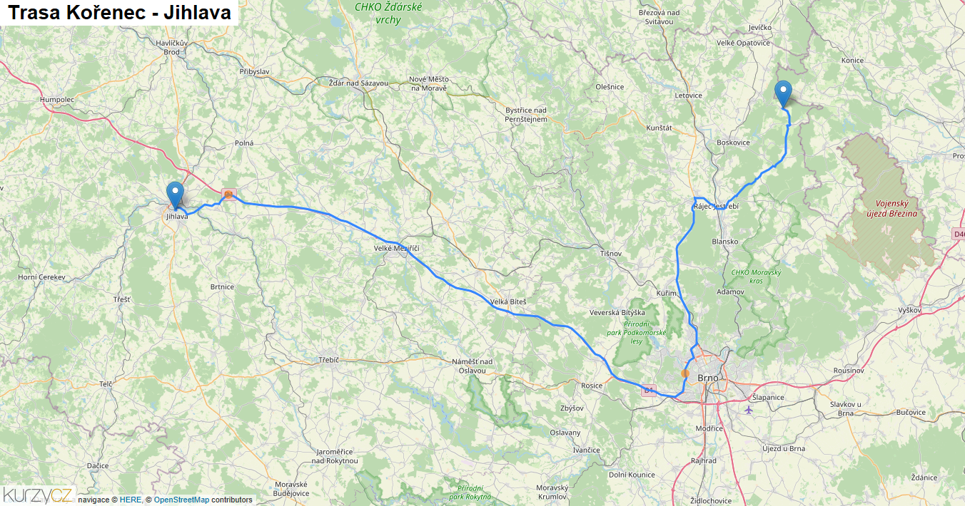 Kořenec-Jihlava, mapa trasy