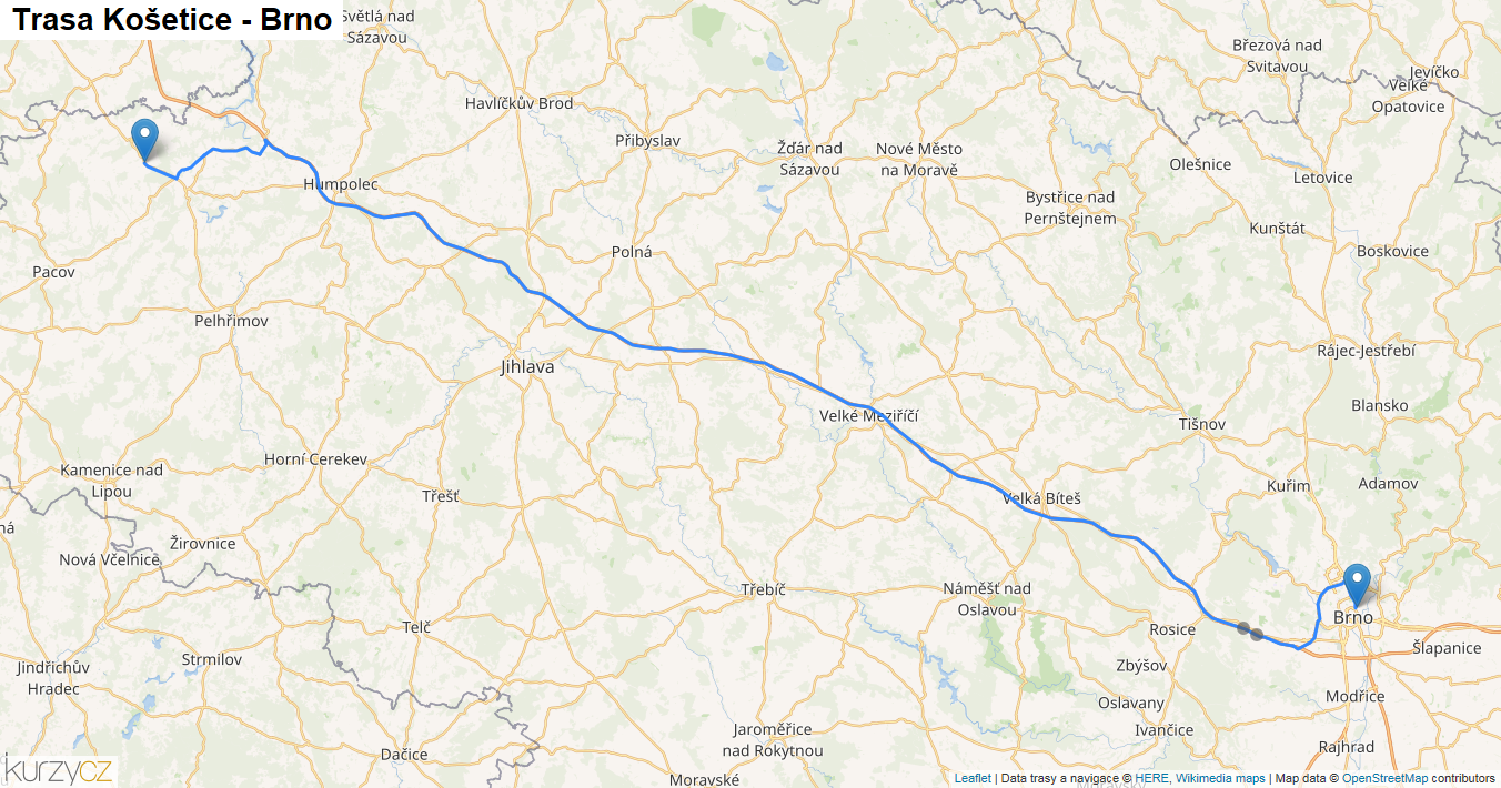 Košetice-Brno, mapa trasy