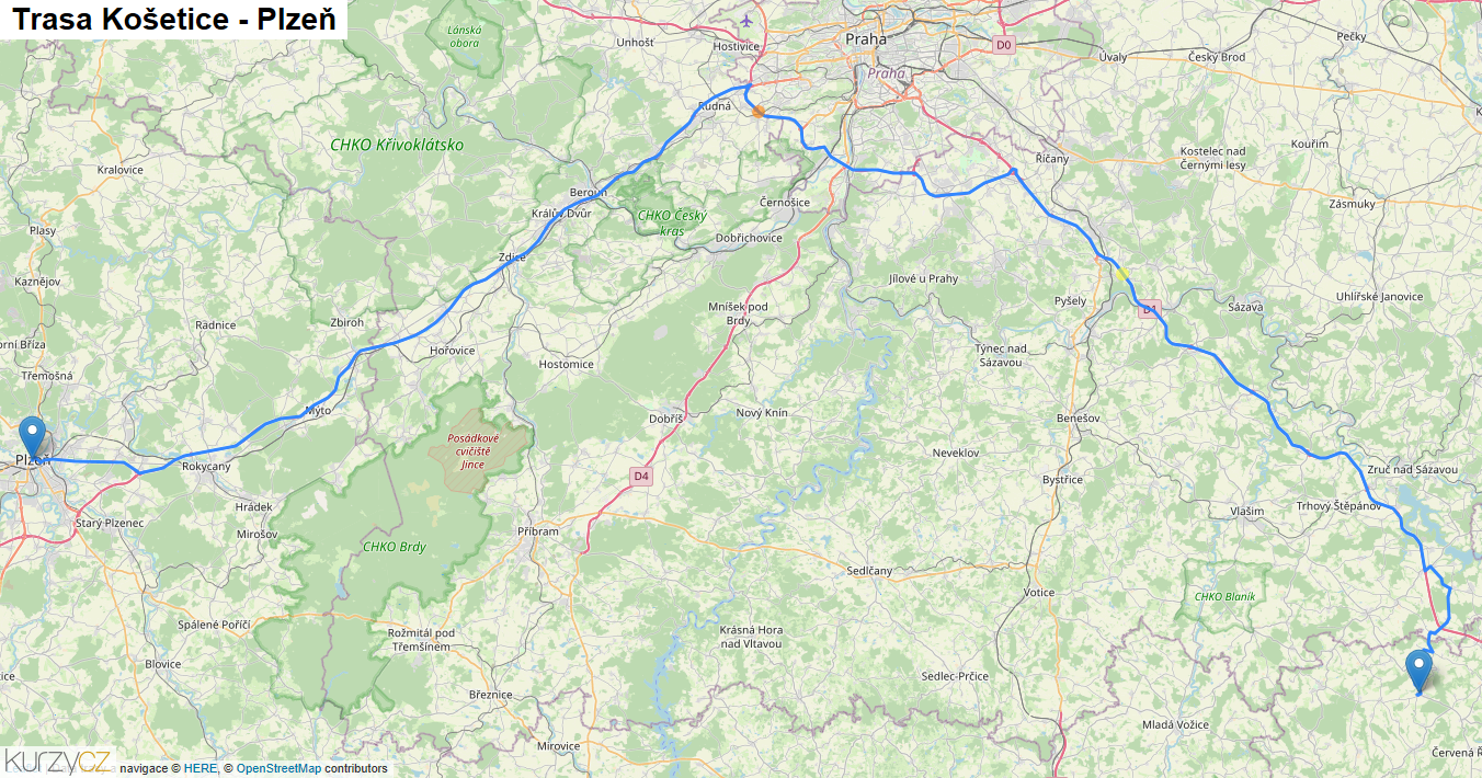 Košetice-Plzeň, mapa trasy