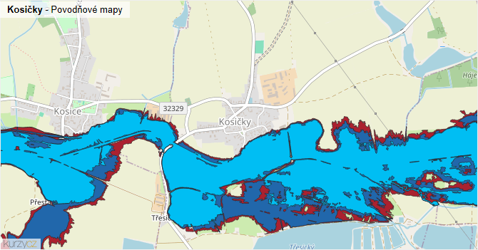Kosičky - záplavové mapy stoleté vody