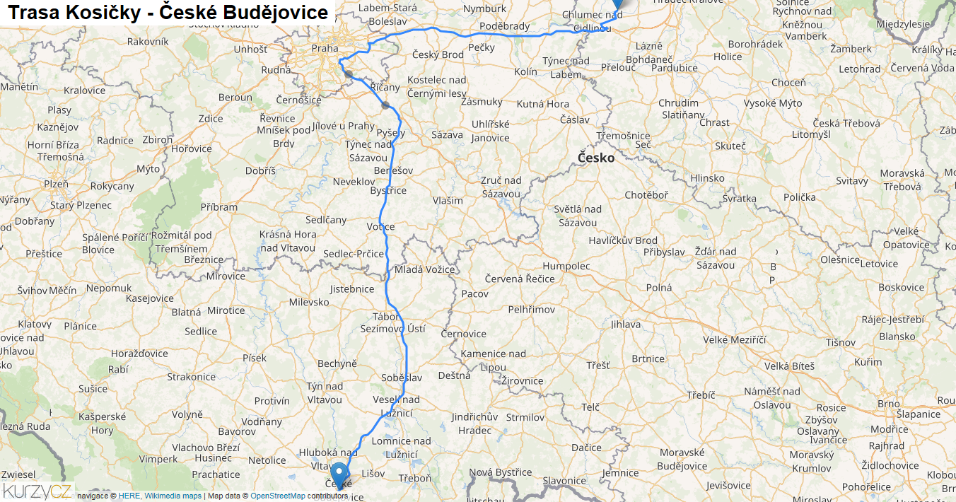 Kosičky-České Budějovice, mapa trasy