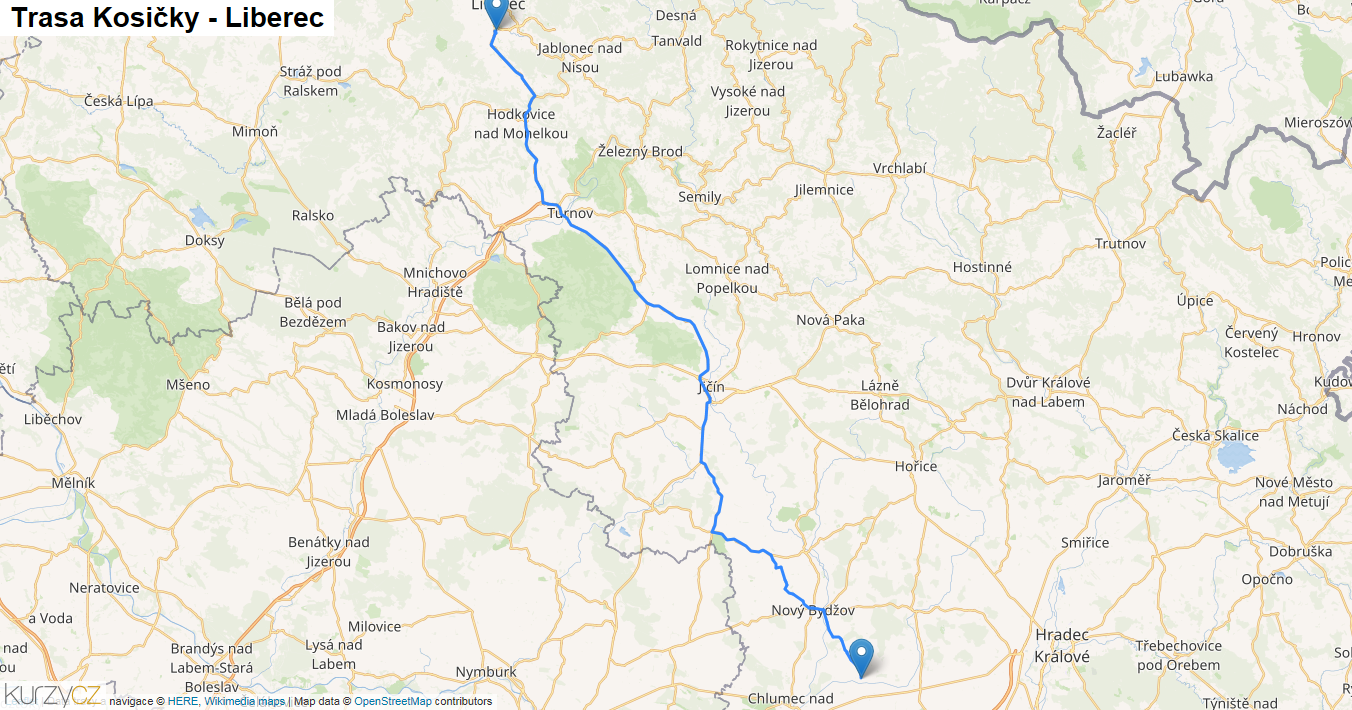 Kosičky-Liberec, mapa trasy