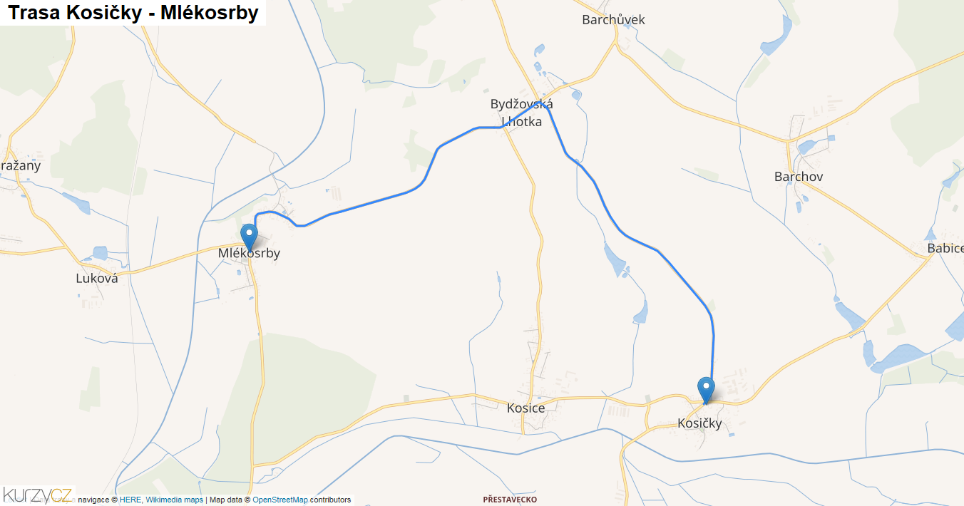 Kosičky-Mlékosrby, mapa trasy