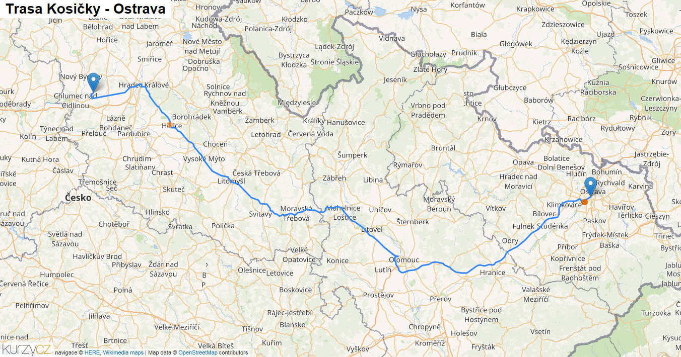 Kosičky-Ostrava, mapa trasy