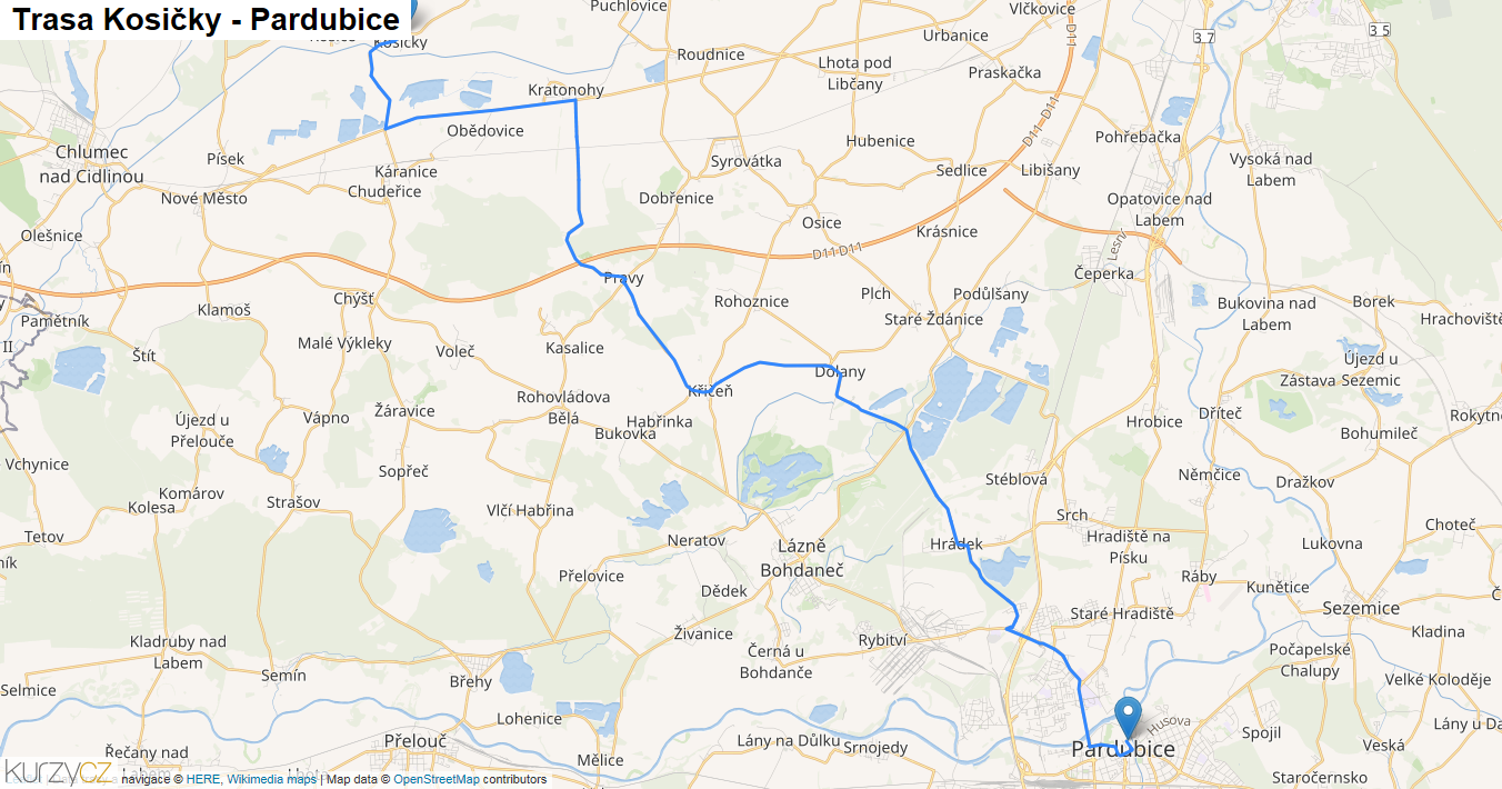 Kosičky-Pardubice, mapa trasy