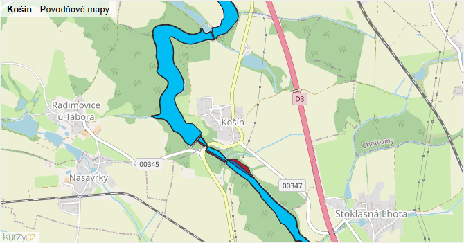 Košín - záplavové mapy stoleté vody